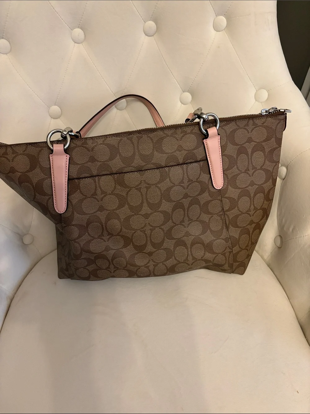 COACH Brown Signature Tote with Pink Trim and Handles